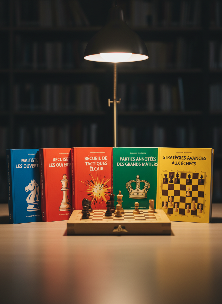 Une composition serrée montrant un ensemble de livres d’échecs en français aux couvertures colorées, posés en éventail sur une table en bois clair : manuels d’ouverture, ouvrages de tactique et recueils de parties annotées. Au centre, un petit échiquier d’analyse pliable, en bois clair, avec quelques pièces disposées au milieu d’une combinaison. Une lampe de bureau à lumière chaude éclaire directement les livres, créant un contraste doux avec un arrière‑plan de bibliothèque flou et sombre. Photographie réaliste à angle légèrement plongeant, avec une profondeur de champ moyenne pour garder les titres lisibles. L’ambiance est sérieuse mais inspirante, idéale pour représenter la préparation, l’étude et la progression des joueurs du club dans un cadre professionnel.