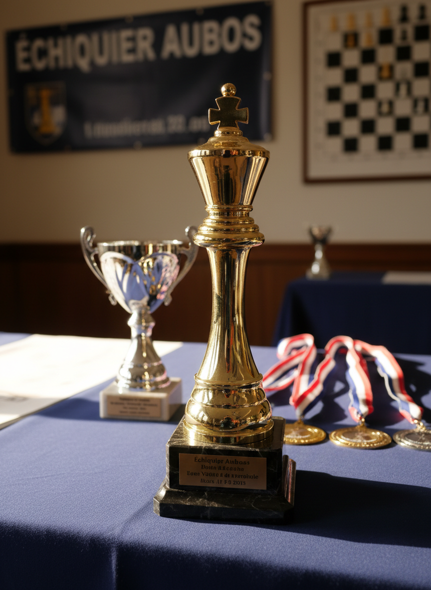 Un trophée d’échecs en métal doré, finement poli, représentant un roi stylisé sur un socle en marbre noir, posé sur une table couverte d’un tissu bleu nuit. À côté, une coupe en argent et quelques médailles avec rubans tricolores sont soigneusement disposées. En arrière‑plan flou, on distingue une bannière du club « Échiquier Aubois » et un grand diagramme mural d’échecs. La scène est éclairée par un projecteur chaud venant de côté, créant des reflets brillants sur les surfaces métalliques et des ombres marquées mais élégantes. Photographie en réalisme détaillé, cadrage à mi‑hauteur mettant le trophée au centre, mood solennel et professionnel, idéal pour illustrer les tournois et la compétition réussie du club.