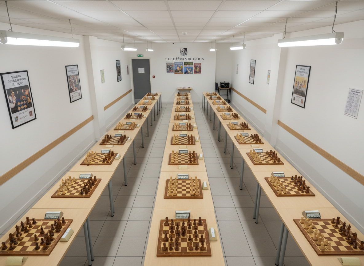 Une vue en plongée d’une rangée d’échiquiers parfaitement alignés sur de longues tables dans une salle de club d’échecs de Troyes. Chaque échiquier est équipé de pièces en bois Staunton soigneusement disposées et d’une horloge analogique au boîtier crème et cadran bien lisible. Le sol en carrelage clair et les murs blancs affichent quelques affiches de tournois et un planning d’horaires sous pochette plastique. L’éclairage néon du plafond offre une lumière diffuse et uniforme, sans reflets agressifs. La composition met en avant la répétition rythmée des échiquiers vers l’arrière‑plan, accentuant la profondeur de champ et créant une atmosphère ordonnée, accueillante et résolument sportive, dans un style photographique propre et moderne.