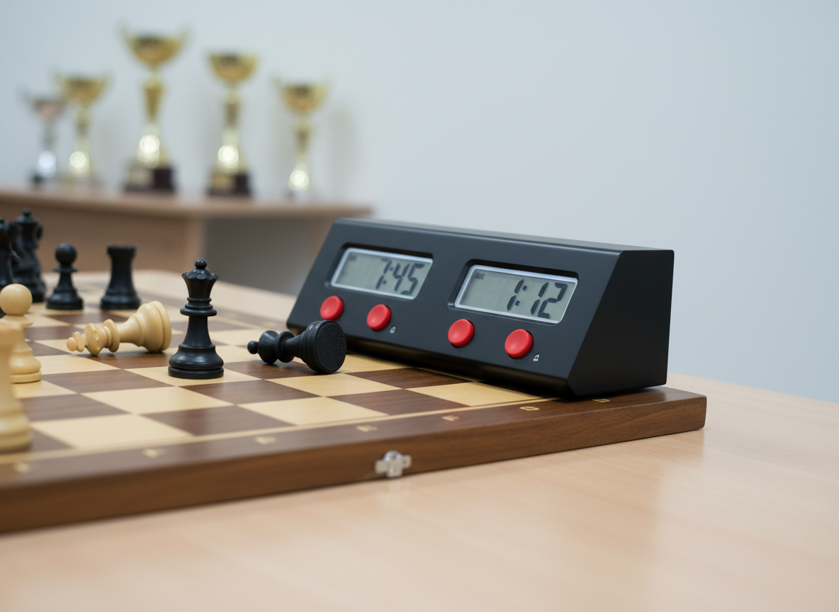Un gros plan photographique réaliste d’une horloge d’échecs numérique moderne, boîtier noir mat et boutons rouges, posée à côté d’un échiquier en bois clair et foncé. L’écran lumineux affiche deux temps différents, suggérant une partie tendue en cadence rapide. La table en bois clair présente une surface propre et lisse, avec au loin un fond légèrement flou montrant des trophées brillants sur une étagère. La lumière artificielle blanche d’une salle de tournoi éclaire uniformément la scène, sans ombres dures. Composition en diagonale, cadrée serrée sur l’horloge et quelques pièces renversées, créant une ambiance de compétition sérieuse et structurée, propre à un club d’échecs professionnel.