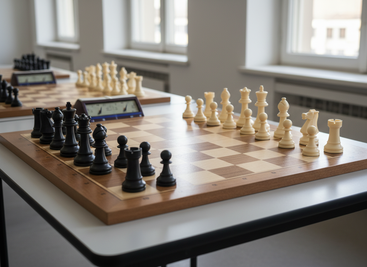 Un grand échiquier en bois massif aux cases légèrement satinées, avec des pièces d’échecs style tournoi en plastique noir et blanc impeccables, parfaitement alignées pour le début d’une partie. La scène est installée sur une table de salle polyvalente propre, avec en arrière‑plan flou plusieurs autres échiquiers et horloges de compétition analogiques. Une lumière douce de fin d’après‑midi entre par de larges fenêtres, créant des reflets subtils sur les pièces et des ombres légères sur le plateau. Photographie en réalisme net, prise à hauteur d’œil avec une profondeur de champ réduite pour mettre en valeur l’échiquier principal, atmosphère professionnelle mais chaleureuse, rappelant un club d’échecs convivial et organisé.
