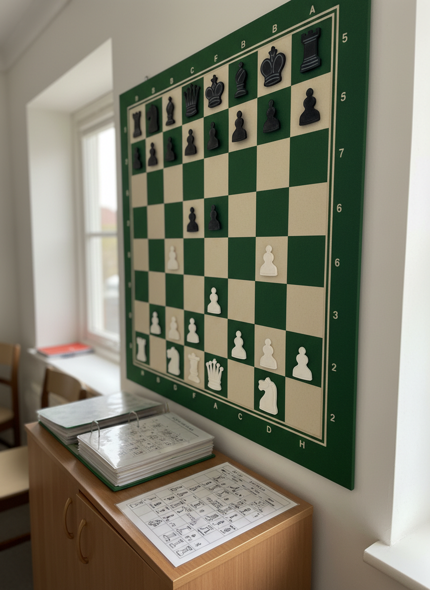 Un échiquier mural magnétique de taille généreuse, au fond vert et cases alternées crème et vert foncé, avec de grandes pièces magnétiques blanches et noires bien contrastées, disposées dans une position tactique complexe. Le tableau est accroché sur un mur clair d’une salle de club, au‑dessus d’un petit meuble où reposent des classeurs de parties et un diagramme imprimé. La lumière diffuse d’un après‑midi nuageux entre par une fenêtre latérale, mettant en valeur les couleurs sans éblouir. La photo, en réalisme photographique, est prise de trois‑quarts, avec une faible profondeur de champ qui garde le diagramme net et laisse le reste de la pièce légèrement flou. L’atmosphère est studieuse, pédagogique et organisée, évoquant les cours d’échecs pour tous âges.