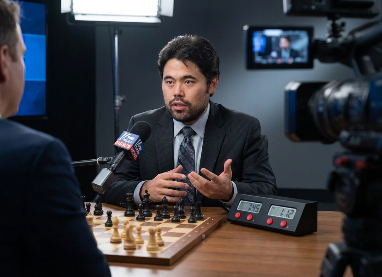 Chess grandmaster Hikaru Nakamura speaks during a studio interview with a chessboard and clock.