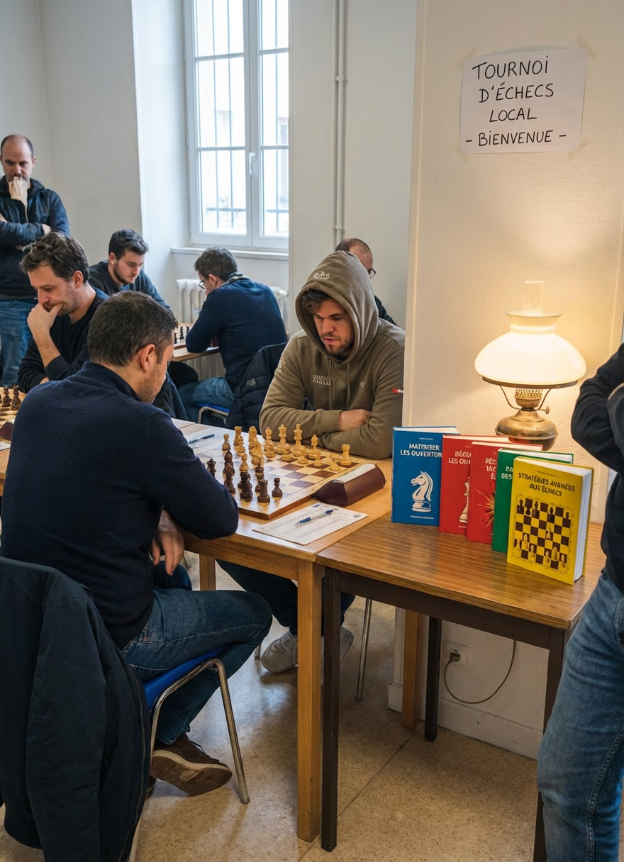 Chess tournament scene with sign reading TOURNOI D'ÉCHECS LOCAL - BIENVENUE - and players focused on matches.