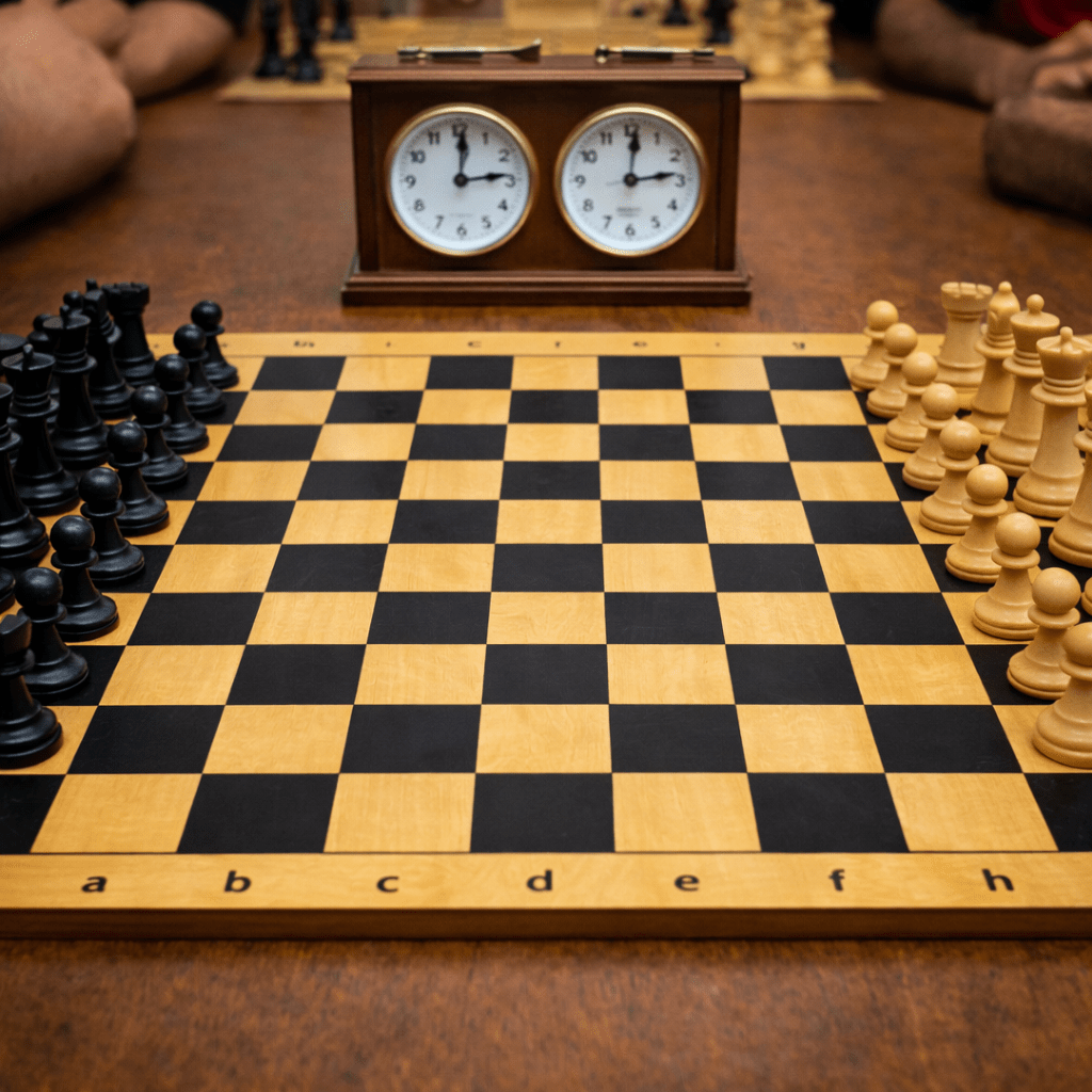 Chess players from two clubs facing off in a tournament setting